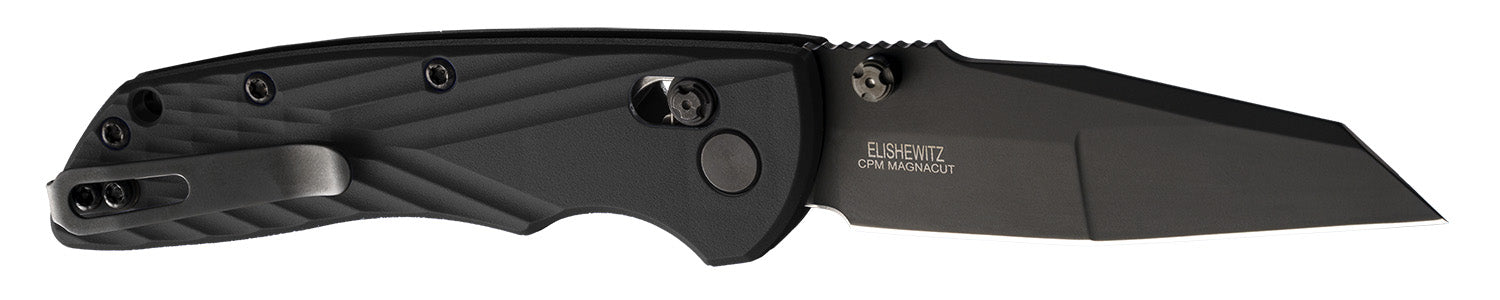 Hogue Deka 3.25" Folding Wharncliffe Knife, Black Cerakote CPM MagnaCut Blade, Black Crosshatch GRN Handle with Pocket Clip