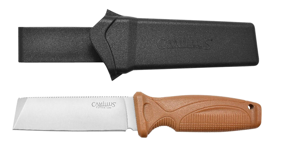 Camillus 19627 Swedge 4.30" Fixed Blade Knife, Plain Silver 420 Steel Titanium Bonded, Textured Tan ABS Handle with Sheath