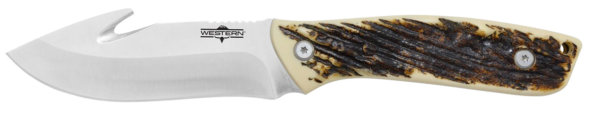Camillus 19247 Western Crosstrail 4.25" Fixed Gut Hook Titanium Bonded 420 Steel Blade, Stag/Antler Delrin Handle with Sheath