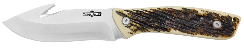Camillus 19247 Western Crosstrail 4.25" Fixed Gut Hook Titanium Bonded 420 Steel Blade, Stag/Antler Delrin Handle with Sheath