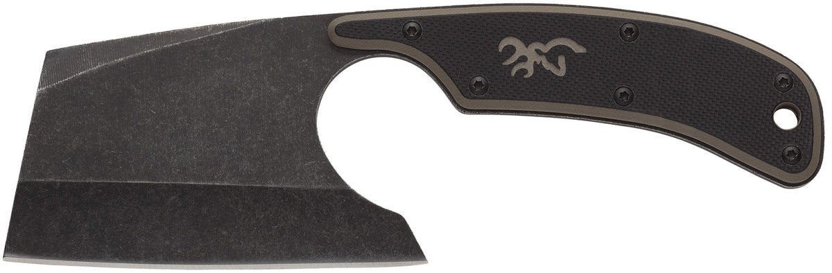 Browning Cutoff Camp Cleaver Fixed Blade Knife 2.50" Black Oxide Stonewashed 9Cr14MoV SS Blade Black/Tan G10 Handle