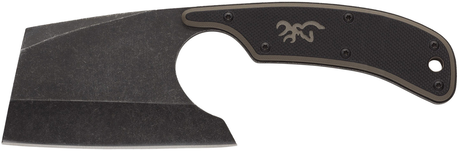 Browning Cutoff Camp Cleaver Fixed Blade Knife 2.50" Black Oxide Stonewashed 9Cr14MoV SS Blade Black/Tan G10 Handle