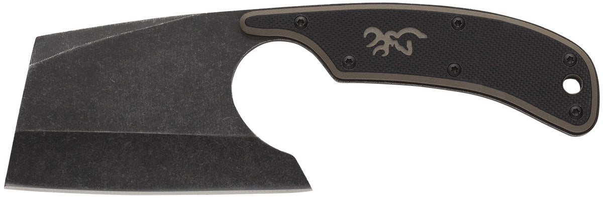 Browning Cutoff Camp Boxed Cleaver Fixed Blade Knife 2.50" Black Oxide Stonewashed 9Cr14MoV SS Blade Black/Tan G10