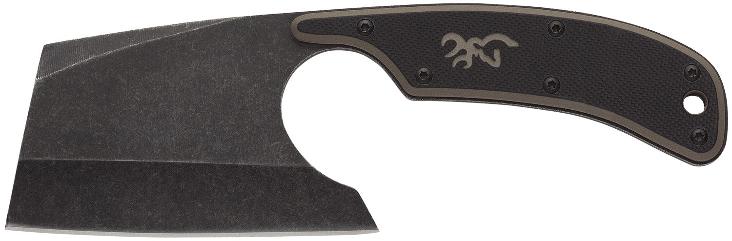 Browning Cutoff Camp Boxed Cleaver Fixed Blade Knife 2.50" Black Oxide Stonewashed 9Cr14MoV SS Blade Black/Tan G10