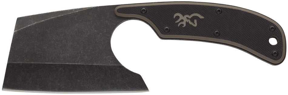 Browning Cutoff Camp Boxed Cleaver Fixed Blade Knife 2.50" Black Oxide Stonewashed 9Cr14MoV SS Blade Black/Tan G10