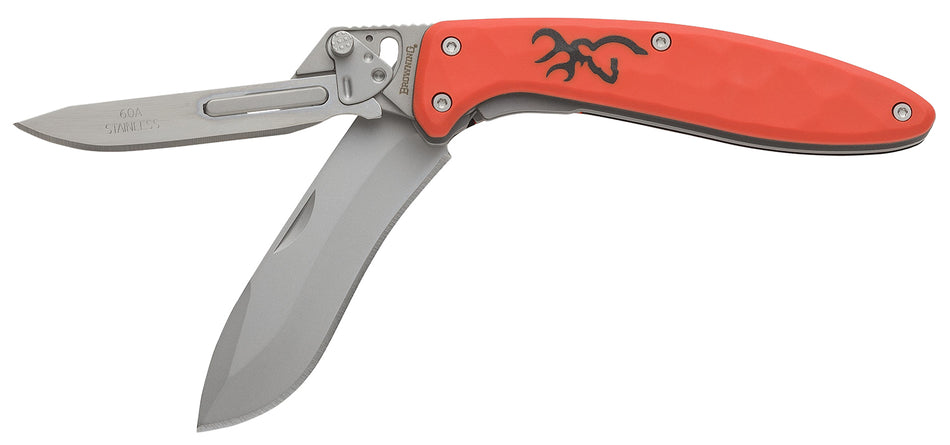 Browning Primal Scalpel 2 Folding Knife 2.75" Drop Point Blaze Orange 8Cr13MoV Blade w/ 10 Replacement Blades