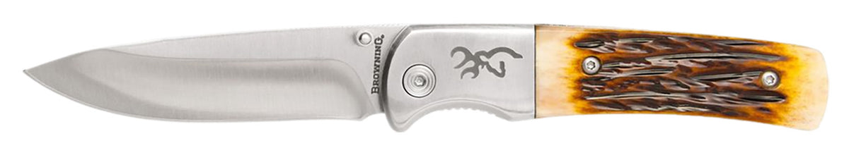 Browning Buckmark Hunter Folding Knife Drop Point Stainless Steel Blade Jigged Bone Handle