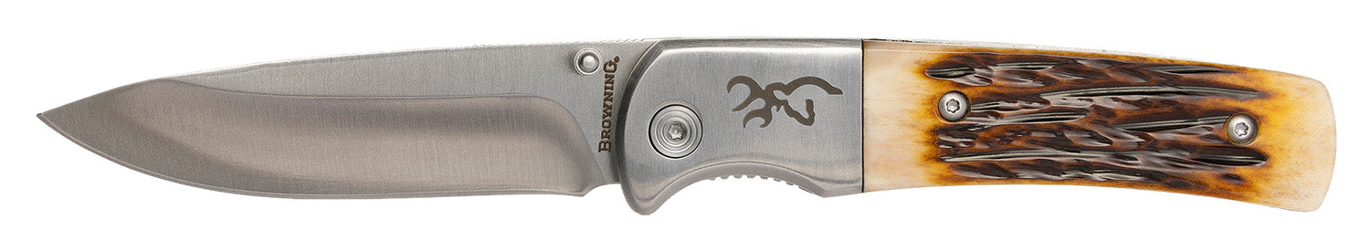 Browning Buckmark Hunter 3" Folding Drop Point Knife Stonewashed 8Cr13MoV SS Blade Jigged Bone Handle Boxed