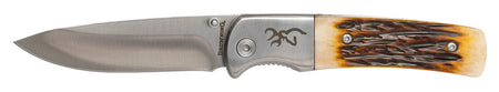 Browning Buckmark Hunter 3" Folding Drop Point Knife Stonewashed 8Cr13MoV SS Blade Jigged Bone Handle Boxed
