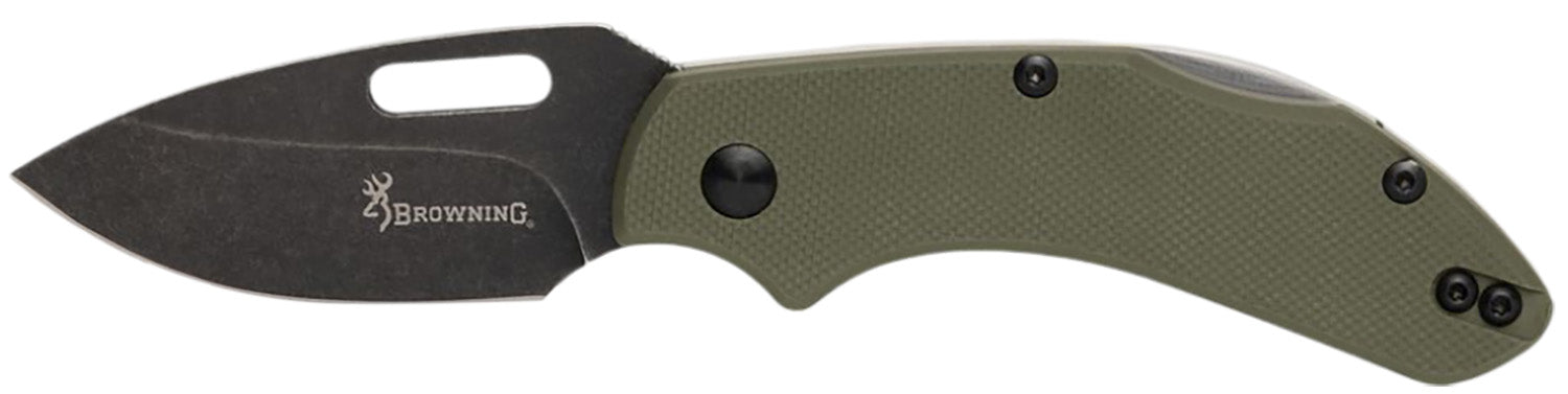 Browning Hidden Hollow EDC Small Folding Knife 2.25" Drop Point Black Oxide D2 Steel OD Green G10 Box Pkg