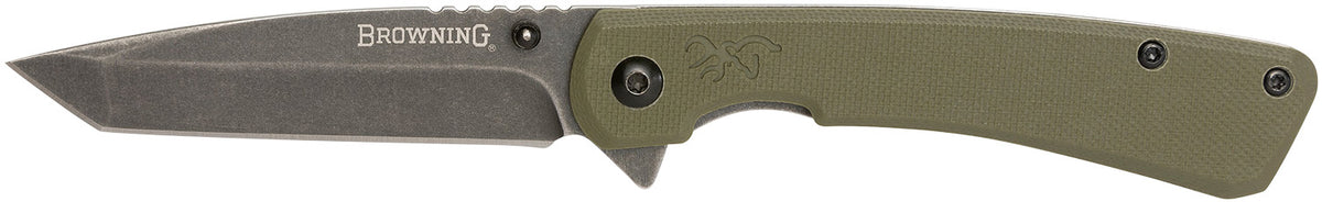 Browning Branded Rock EDC Folding Knife 3" Tanto Black Stonewashed 7Cr17MoV SS Blade OD Green G10 Handle