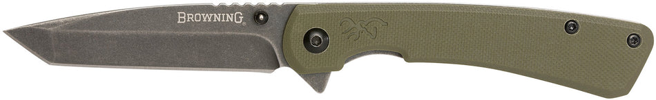 Browning Branded Rock EDC Folding Knife 3" Tanto Black Stonewashed 7Cr17MoV SS Blade OD Green G10 Handle