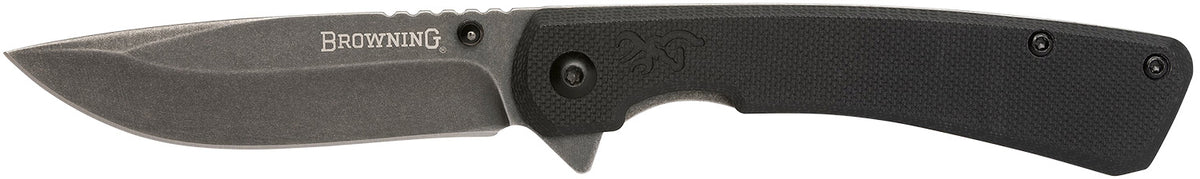 Browning Branded Rock EDC Folding Knife 3" Drop Point Black Stonewashed 7Cr17MoV SS Blade Black G10 Handle