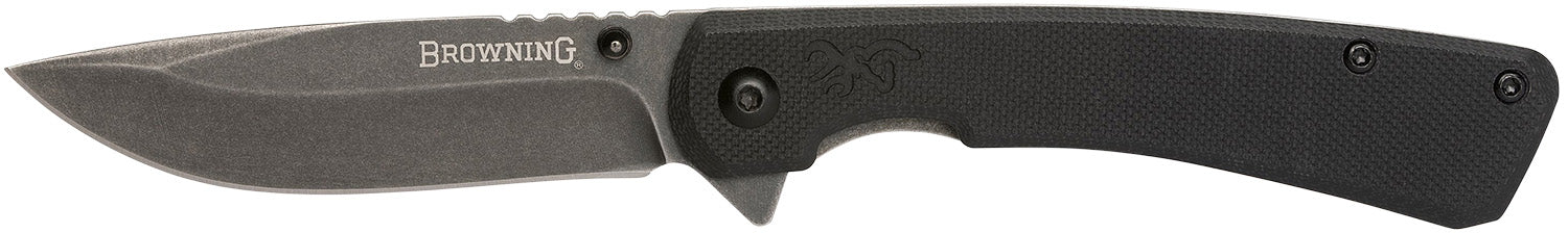 Browning Branded Rock EDC Folding Knife 3" Drop Point Black Stonewashed 7Cr17MoV SS Blade Black G10 Handle