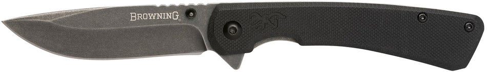 Browning Branded Rock EDC Folding Knife 3" Drop Point Black Stonewashed 7Cr17MoV SS Blade Black G10 Handle