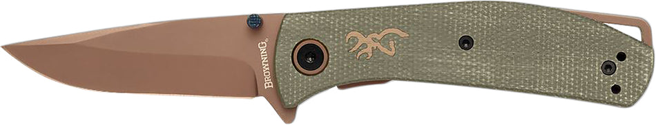 Browning Trailside EDC Small Folding Knife 3" Modified Drop Point Titanium Finish D2 Steel Green Micarta