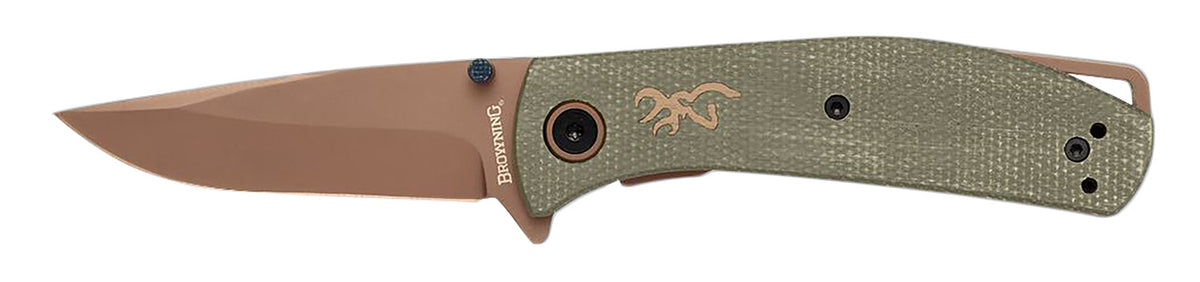 Browning Trailside EDC Small Folding Knife 3" Modified Drop Point Titanium D2 Steel Green Micarta Boxed Pkg