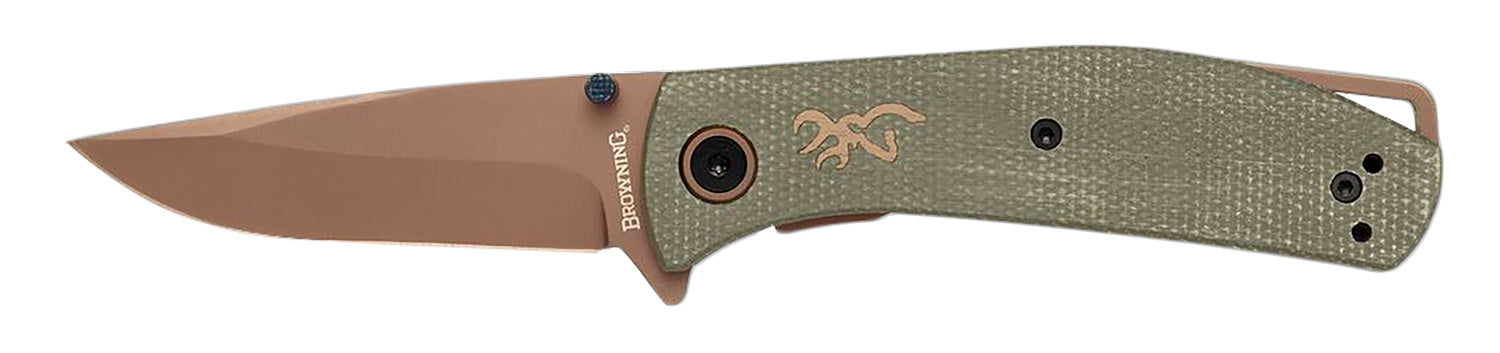 Browning Trailside EDC Small Folding Knife 3" Modified Drop Point Titanium D2 Steel Green Micarta Boxed Pkg