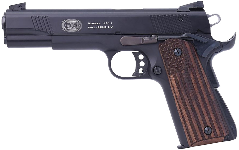 Mauser Rimfire 4110608 1911 22 LR 10+1 5" Black Steel Barrel, Black Serrated Aluminum Slide, Black Aluminum Frame w/Beavertail, Molded Wood Flag Grip, Ambidextrous