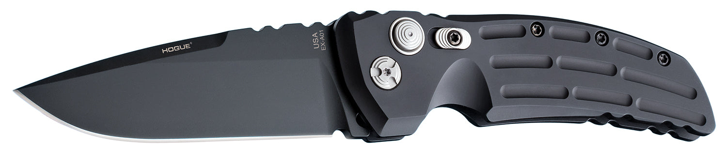 Hogue EX-A01 4" Folding Drop Point Knife, Black Cerakote 154CM SS Blade, Matte Black Fluted Aluminum Handle