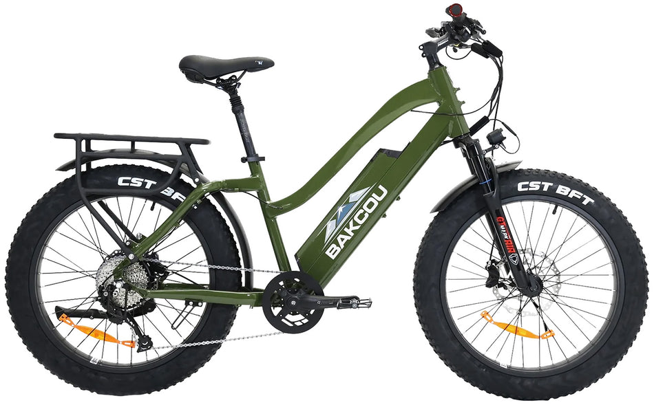 Bakcou Flatlander ST 24 Electric Step-Through Fat Tire Bike Gloss Army Green 18" Frame Shimano Alivio 9sp Bafang 750W Rear Hub