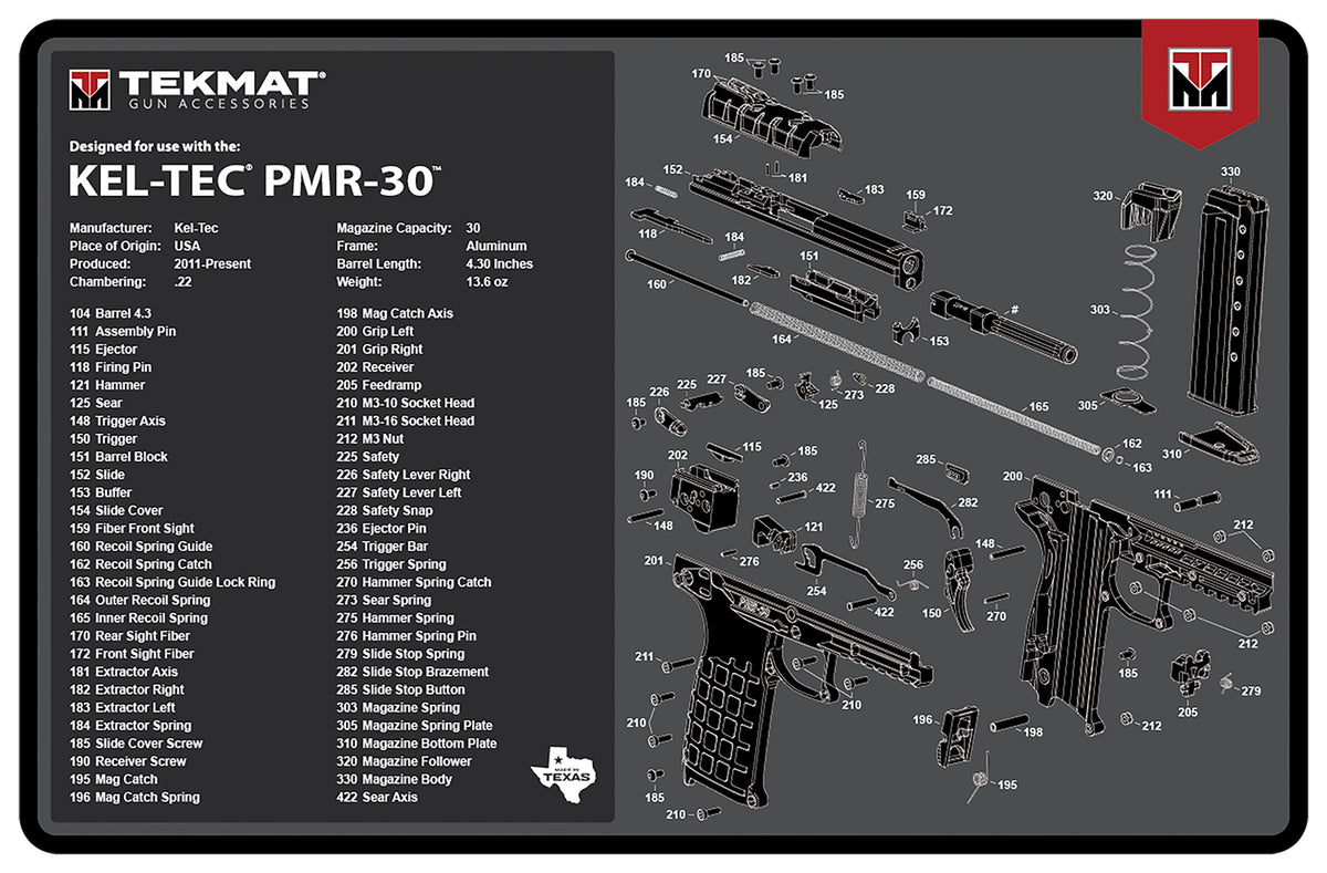 TekMat Kel-Tec PMR-30 Printed Gun Cleaning Mat Gray Rubber 11"x17"