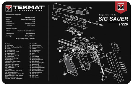 TekMat Sig Sauer P220 Parts Diagram Cleaning Mat Black/White Rubber 11"x17"