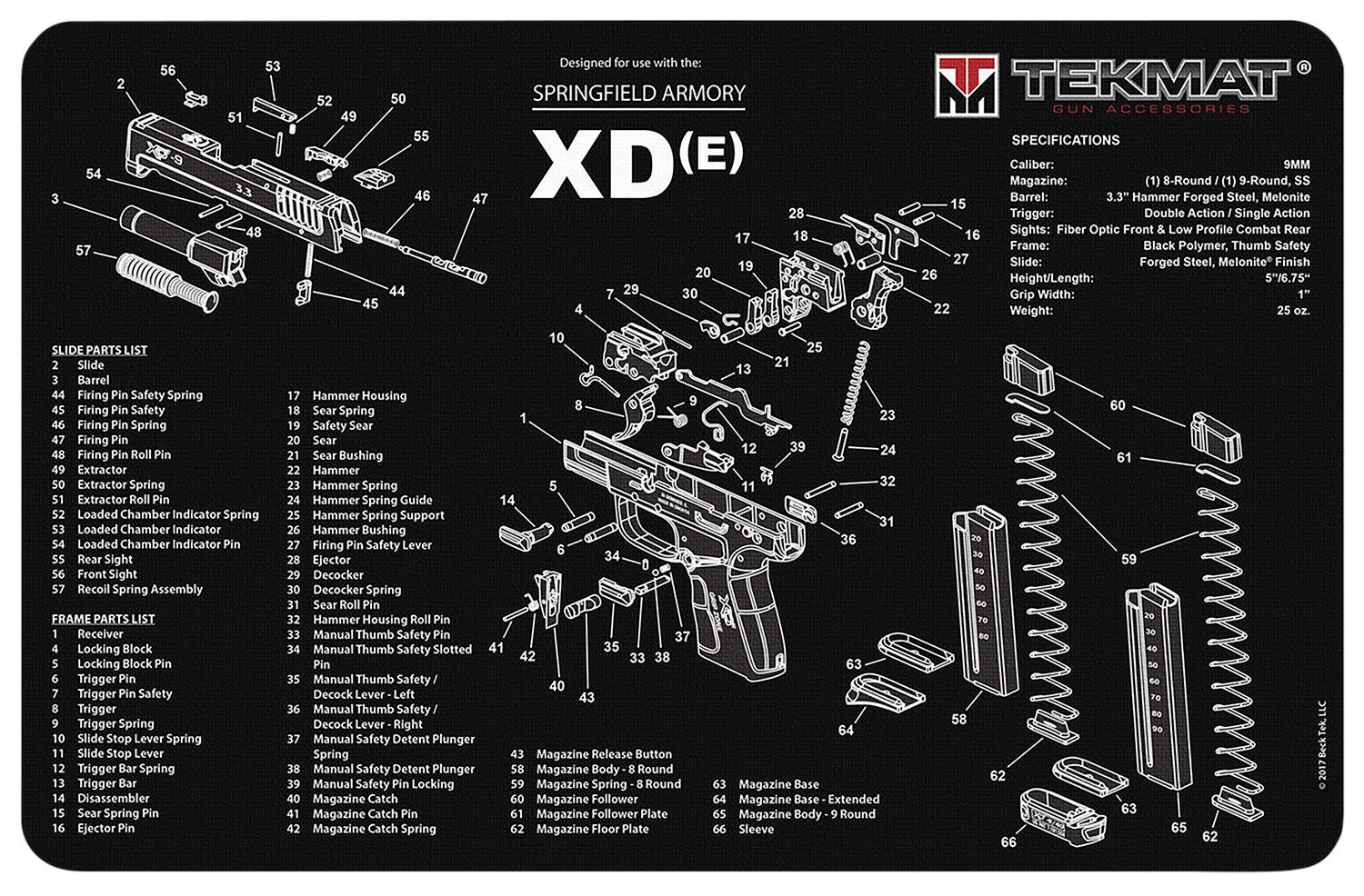 TekMat Springfield Armory XDe Printed Gun Cleaning Mat Black/White Rubber 11"x17"