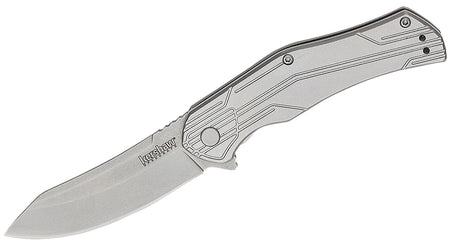 Kershaw Husker EDC Folding Knife 3" Trailing Point Bead Blasted 8Cr13MoV SS Blade, Stonewashed Stainless Steel Handle