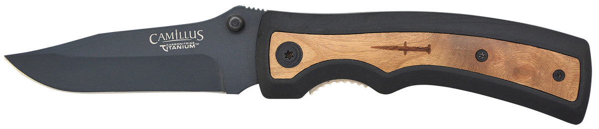 Camillus 19076-001 Slick 3" Folding Clip Point Plain Black Carbonitride Titanium AUS-8A SS Blade, Black Rubber/Wood Handle