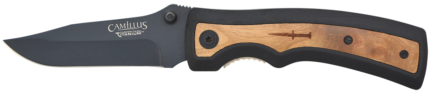 Camillus 19076-001 Slick 3" Folding Clip Point Plain Black Carbonitride Titanium AUS-8A SS Blade, Black Rubber/Wood Handle