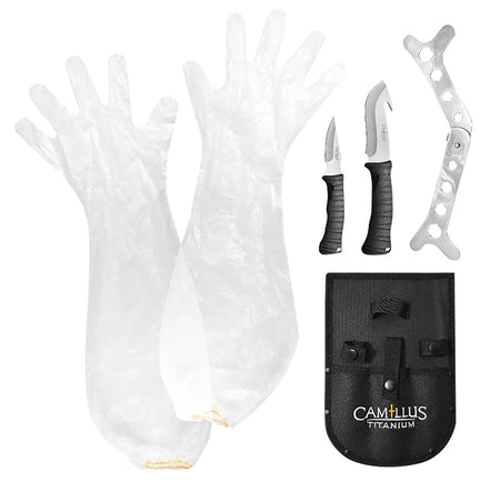 Camillus 19439 5-Piece Hunting Kit Fixed Caper and Gut Hook Plain Titanium Nitride Coated Blades with Sheath