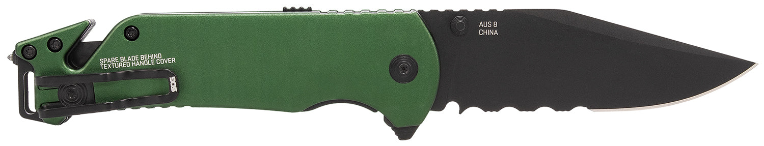 SOG Escape ATK 2.0 EDC 3.40" Folding Knife Part Serrated Black Hardcased AUS-8A Blade, Green/Black Aluminum Handle