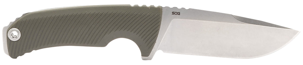 SOG Tellus FX Fixed Blade Knife 4.20" Clip Point Stonewashed Cryo 440C SS Blade Olive Drab GRN Handle