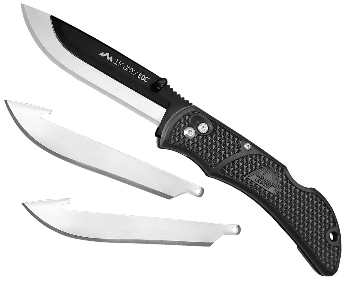 Outdoor Edge Onyx 3.50" Folding Drop Point Replaceable Blade Knife with Black Textured Grivory Handle