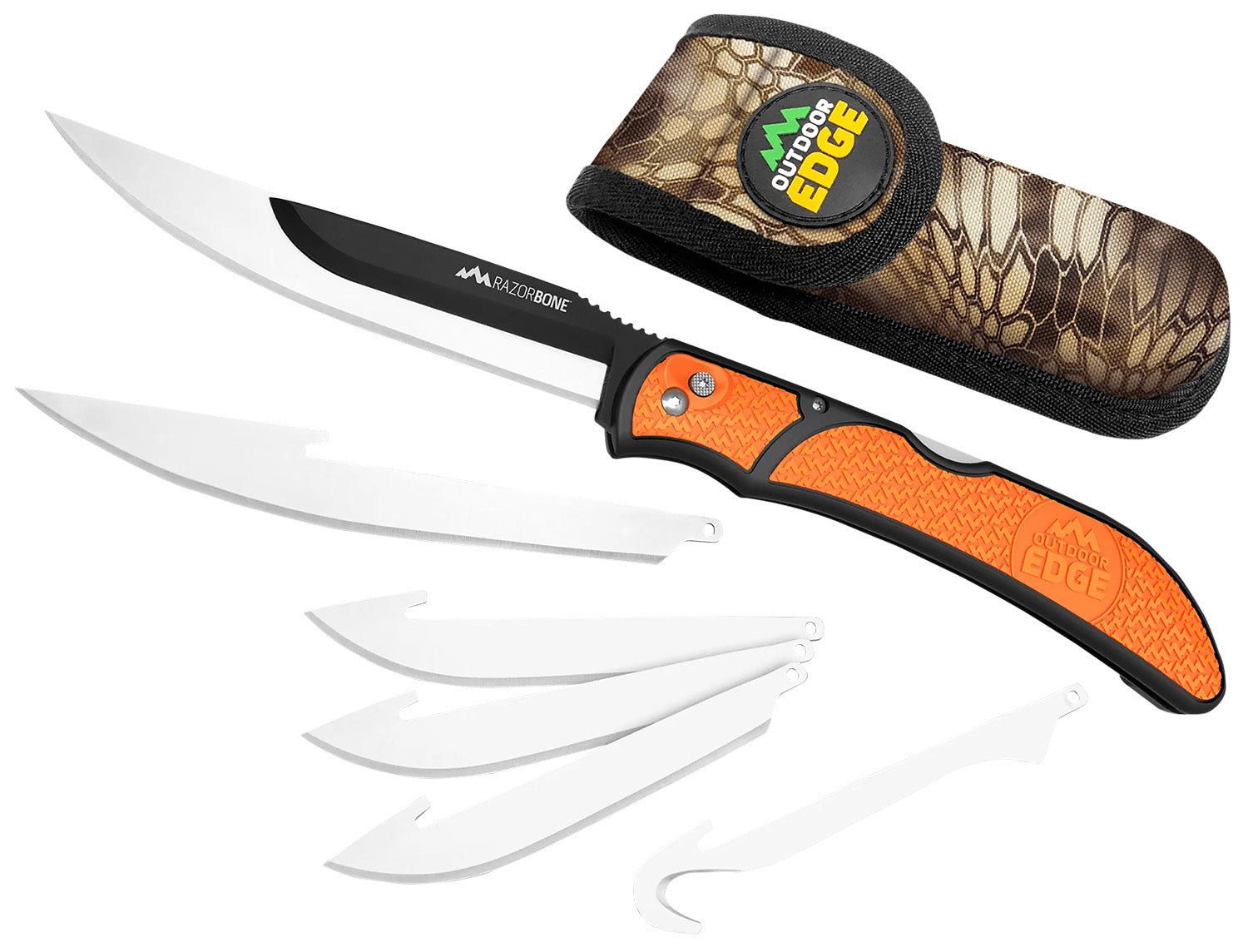Outdoor Edge RazorBone RBB20C 6-Blade Folding Knife Set with Gut Hook, Drop Point & Fillet Blades, Blaze Orange Grivory Handle