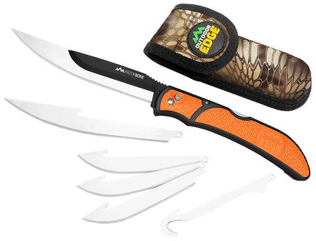 Outdoor Edge RazorBone RBB20C 6-Blade Folding Knife Set with Gut Hook, Drop Point & Fillet Blades, Blaze Orange Grivory Handle