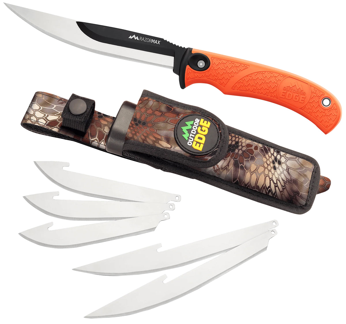 Outdoor Edge RazorMax RMB20C 6-Blade Folding Knife Set – Drop Point & Boning/Fillet, Blaze Orange TPR Handle