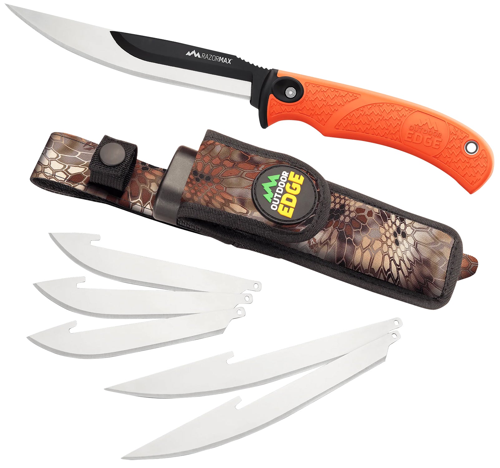 Outdoor Edge RazorMax RMB20C 6-Blade Folding Knife Set – Drop Point & Boning/Fillet, Blaze Orange TPR Handle