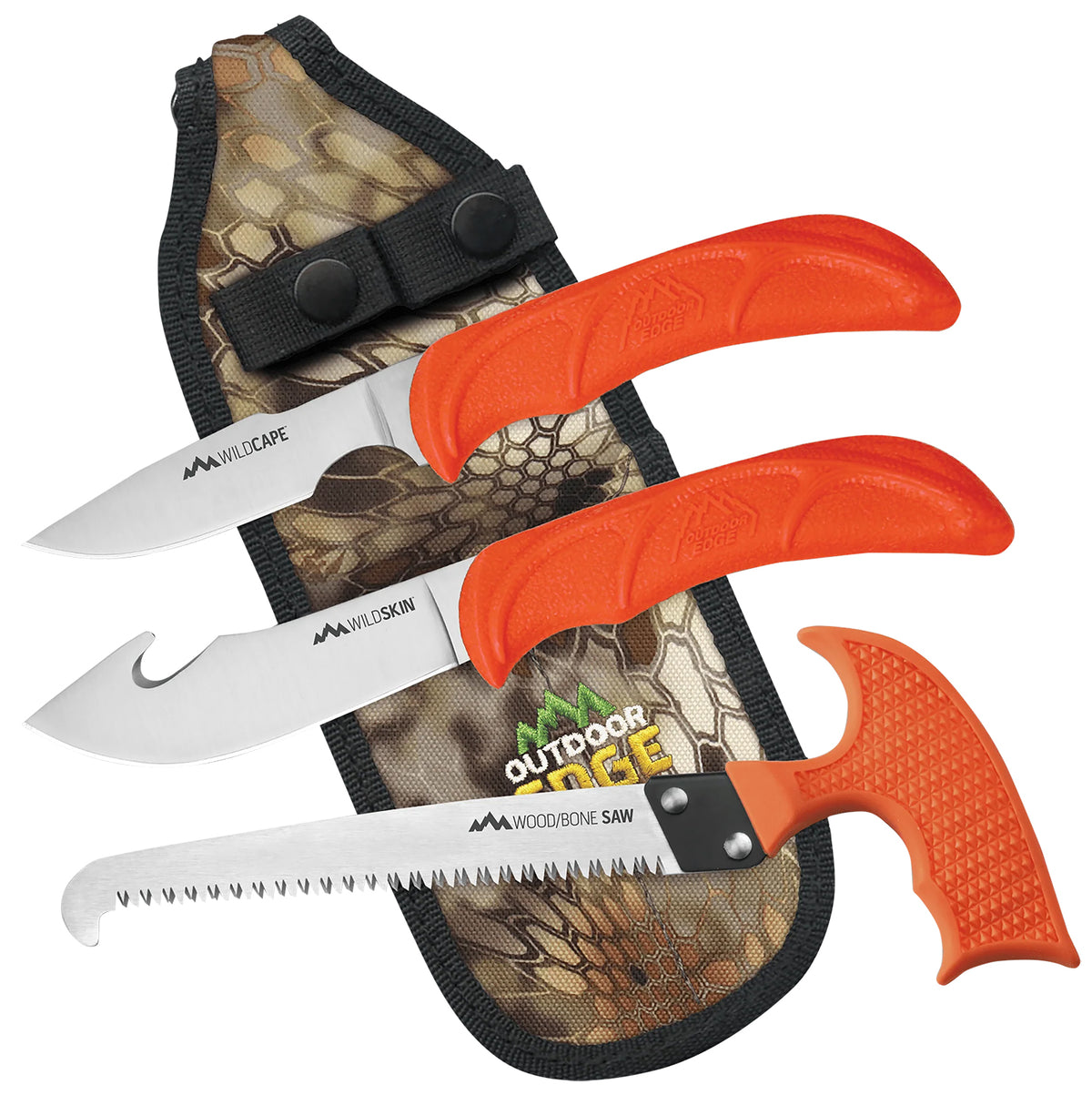 Outdoor Edge WildGuide WG10C Fixed Caper/Saw/Skinner Knife Set with Gut Hook, Blaze Orange TPR Handle