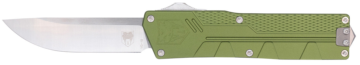 CobraTec Paragon Edge OTF Plain Satin VG-10 SS Blade OD Green Textured Aluminum Handle Ambidextrous Clip