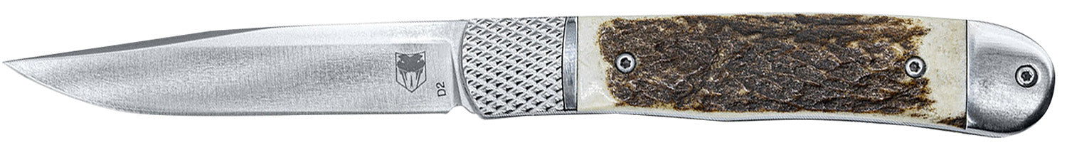 CobraTec Trapper Hidden Release 3.12" Flip Open Drop Point Satin D2 Blade with Stag Scales Handle