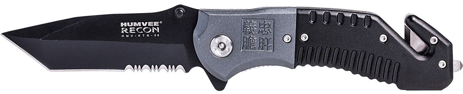 Humvee Adventure Gear HMVKTR08 Recon Folding Partially Serrated Black Stainless Steel Blade Black/Gray Handle Tactical Knife