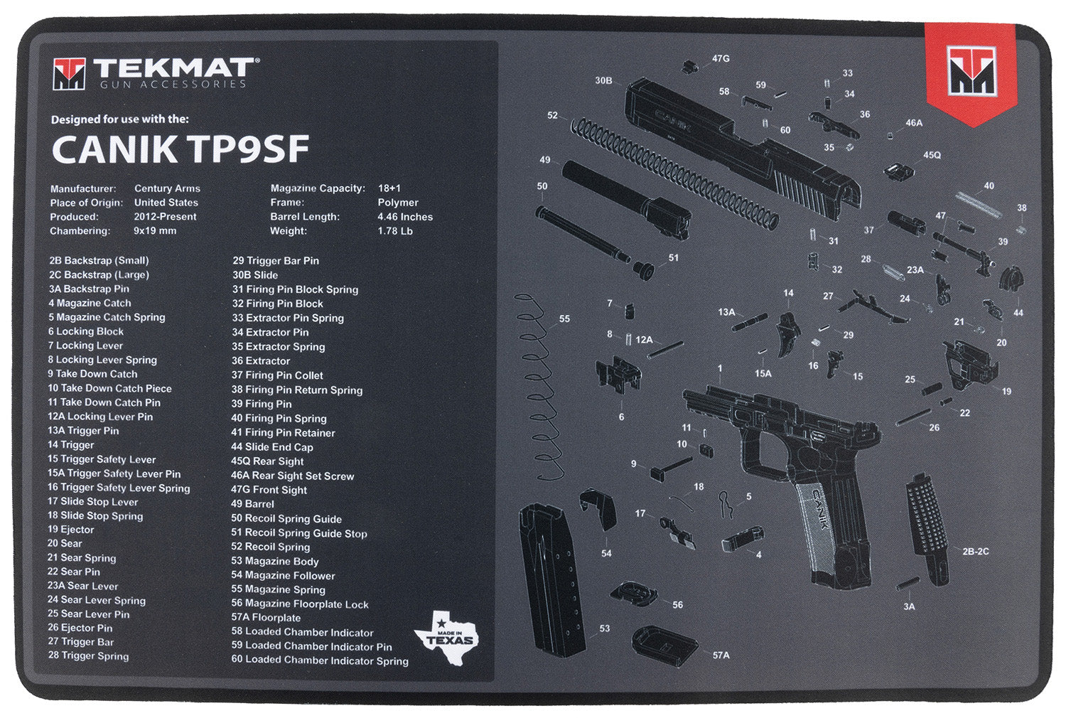 TekMat Canik TP9SF Parts Diagram Cleaning Mat Black/Gray Rubber 11"x17"