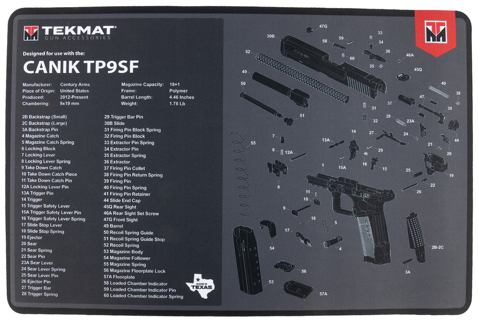 TekMat Canik TP9SF Parts Diagram Cleaning Mat Black/Gray Rubber 11"x17"