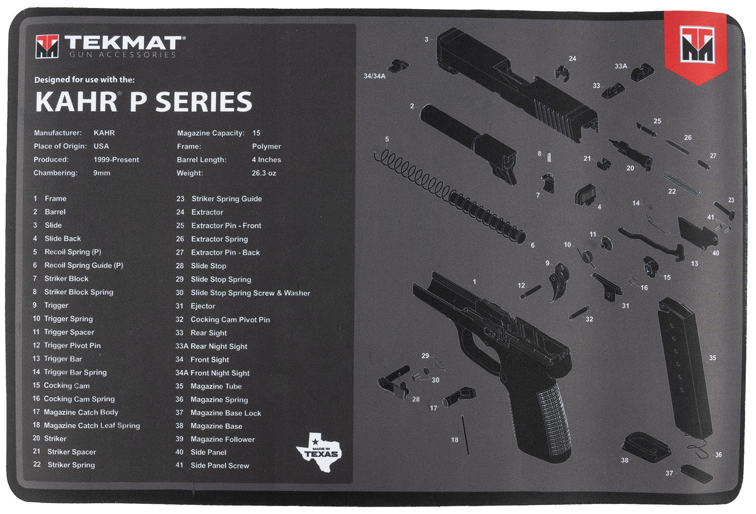TekMat KAHR Printed Pistol Cleaning Mat Black Rubber 11"x17"