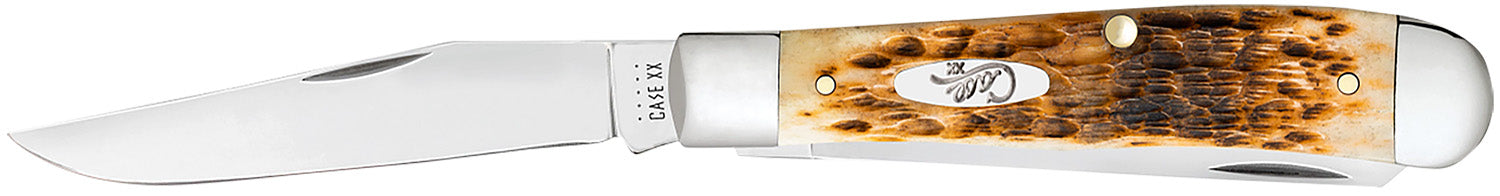 Case 00164 Medium Trapper Folding Knife 3.25"/3.27", Tru-Sharp SS Clip Point/Spey Blades, Peach Seed Jigged Amber Bone Handle