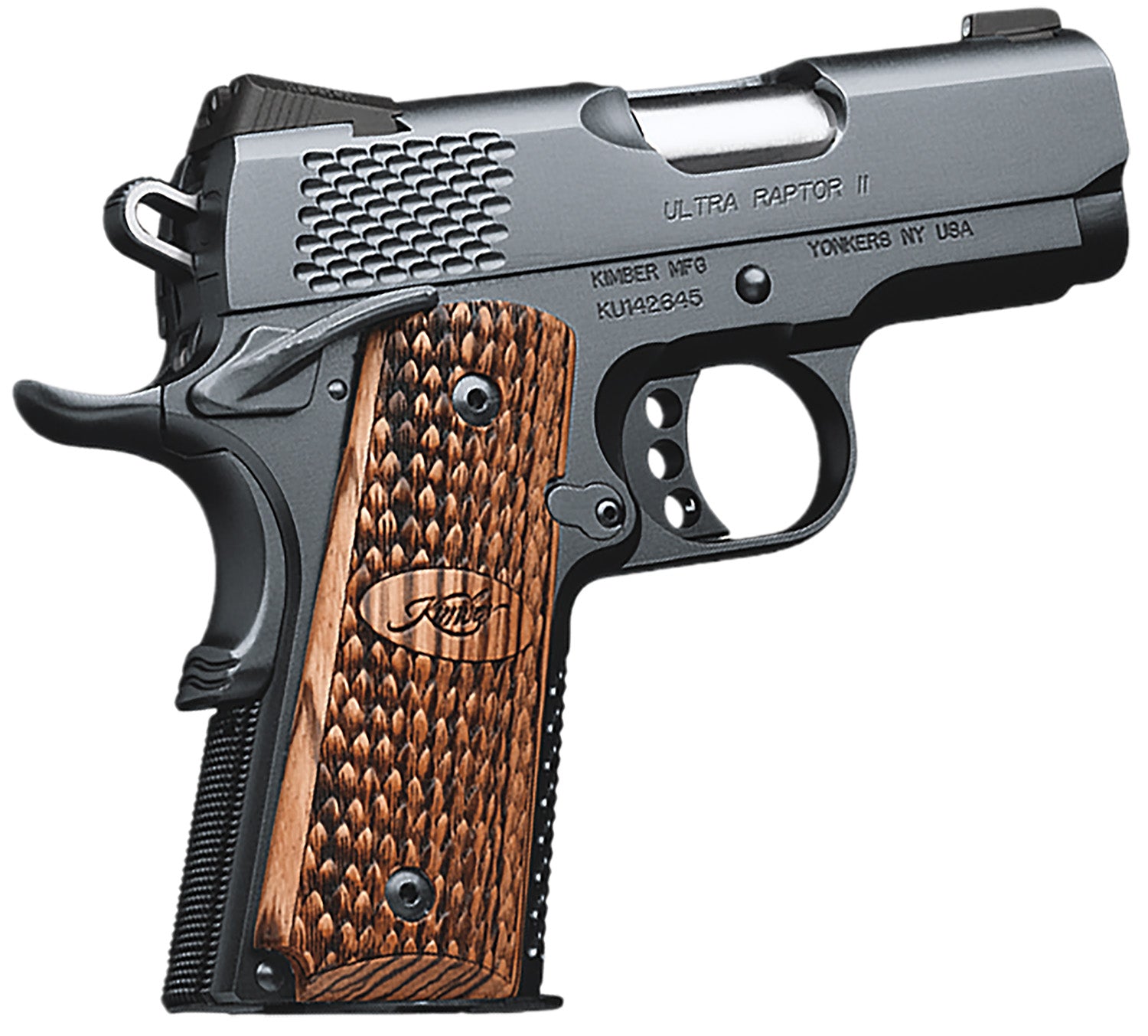 Kimber Mfg, Inc 3200150CA Raptor II Ultra *CA Compliant 45 ACP 7+1 3" Stainless Match Grade Barrel, Matte Black Serrated Steel Slide, Matte Black Aluminum Frame w/Beavertail, Zebrawood Grip
