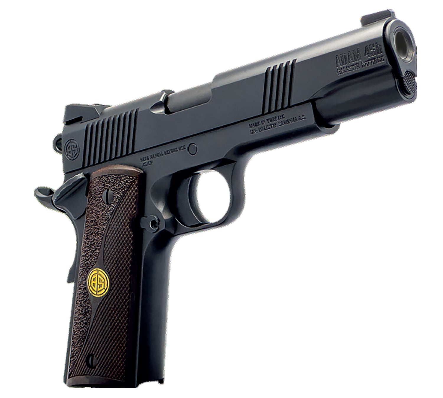 Dickinson LLC DCKSN45BB 1911 Adam 45 ACP 8+1 5" Black Steel Barrel, Black Serrated Aluminum Slide, Black Steel Frame, Wood Grip