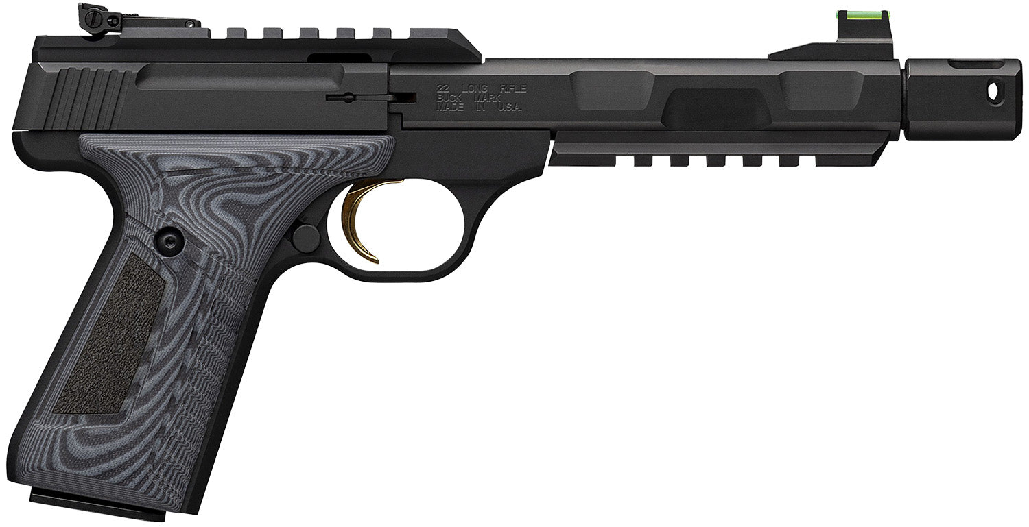 Browning 051598490 Buck Mark Contour Pro 22 LR 10+1 4.40" Black Threaded w/Compensator Barrel, Matte Black Picatinny Rail Receiver, Matte Black Aluminum Frame w/Picatinny Rail, Black/Gray G10 Grip